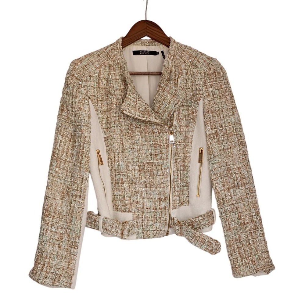 Badgley Mischka $550 Sequin Tweed Moto Jacket 6 Fits S Gold‎ Zip Runway Luxury